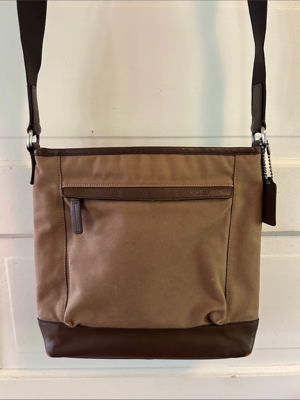 Coach Men’s Tan Canvas & Dark Brown Leather Messenger Bag